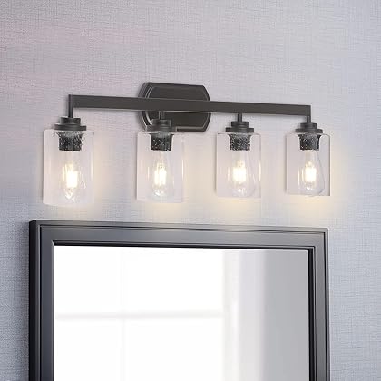 Apsekoka 4-Light Indoor Bath Vanity Light Fixtures, Farmhouse Bathroom Vanity Lights Wall Sconce Over Mirror Lamp for House Bedside Kitchen, Oil Rubbed Bronze with Seeded Glass Shade Covers