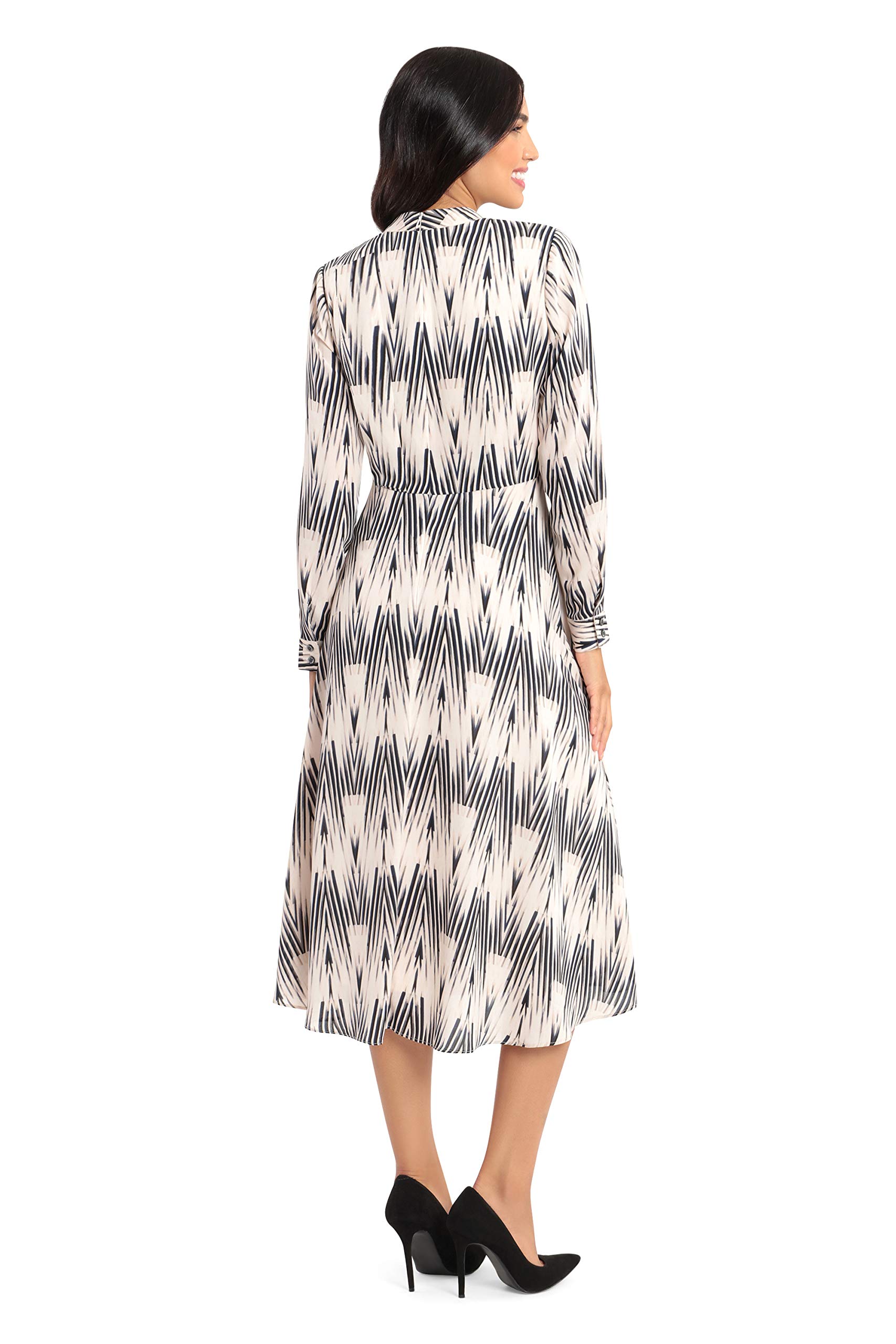 Maggy London Women's Printed Abstract Chevron Cuff Long Sleeve Collar Neck Side Cascade Tea Dress