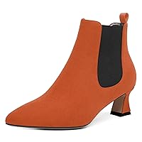 MODENCOCO Womens Suede Pointed Toe Party Bungee Elastic Dress Chunky Low Heel Ankle High Boots 2 Inch