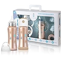 Ultimate 9oz Stainless Steel Baby Bottle, Sippy Cup, & Insulated Toddler Water Bottle with Straw | All-in-1 Kit | Insulate 10+ Hours | Non-Toxic Food-Grade Stainless Steel | Spill-Proof - Rose Gold