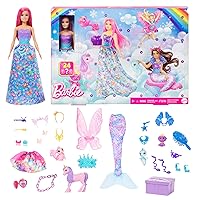 Barbie Advent Calendar with Doll & 24 Surprise Accessories Including Unicorn & 3 Pets, Transform Pink-Haired Fashion Doll into Mermaid, Fairy & More