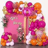 Ouddy Life 175Pcs Hot Pink and Orange Balloons Arch Garland Kit, Pink and Orange Party Decorations with Gold Balloons Foil Flowers for Women Wedding Bridal Tropical Bachelorette Birthday Decor
