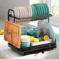 Dish Drying Rack - Stainless Steel Dish Rack for Kitchen Counter, 2-Tier Kitchen Organizers and Storage Rack with Drainboard and Cutlery Holder, Medium, Black
