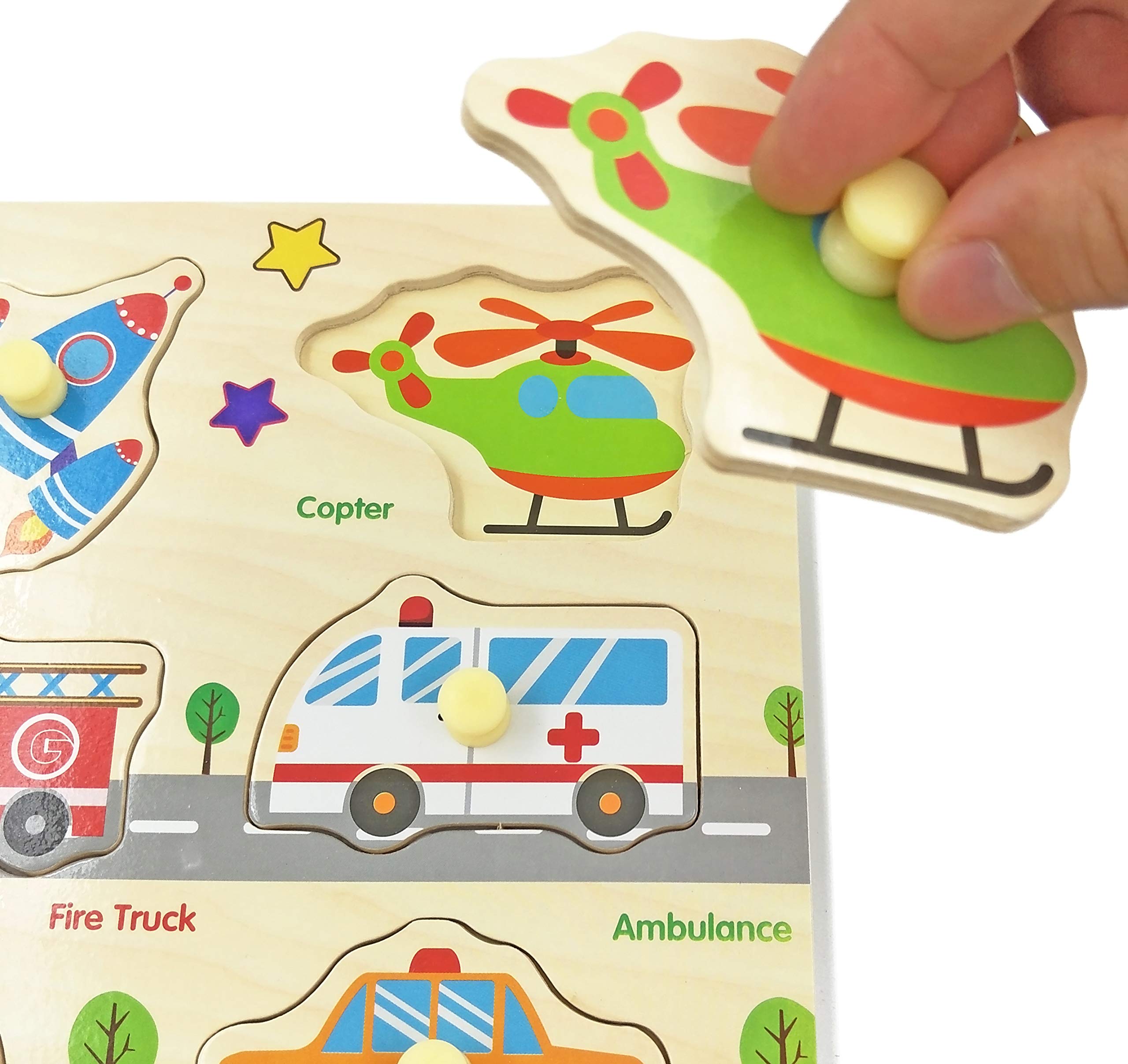 Wooden Puzzles Vehicles & Traffic Tools Chunky Baby Puzzles Peg Board for Preschool Educational Jigsaw Puzzles, 9 Pieces