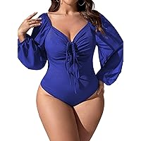 SOLY HUX Plus Size Lantern Long Sleeve Bodysuit for Women Ruched Tie Tops Sweetheart Blouses Shirts One Piece Jumpsuit