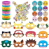 Ainvliya 86 Pcs Pocket Monster Party Favors, Include 12 Cute Bracelets, 12 Cartoon Masks, 12 Button Pins, 50 Stickers, Birthday Party Supply, Halloween Christmas Gifts, Carnival Prizes for Kids
