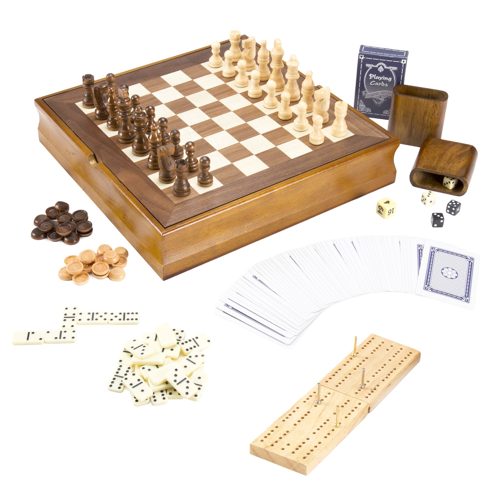 Wood Chess 7 Games in1 Combo Set with Chess, Checkers, Cribbage, Backgammon, Dominos, Poker & Dice - Includes Bonus Deck of Cards!