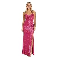 Women's Long Sequined Prom Gown W/Draped Cowl Neck, Front Slit & Strappy Back