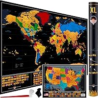 XL Scratch off World Map with All 233 Flags + Deluxe USA Scratch off Map | 36x24 Easy to Frame Travel Map Scratch off Poster | World Map Scratch off for Travel + Accessories | Best Gift for Travelers