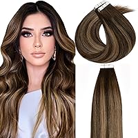 Loxxy Natural Human Hair Tape in Extensions for Black Women Glue in Double Sided Tape Extensions Human Hair Dark Brown Roots Mixed Chestnut Brown Color Tape ins Thick End 16Inch R2-2/6 20pcs 50g