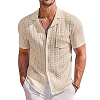 COOFANDY Men's Knit Button Down Shirt Short Sleeve Vintage Polo Shirts Summer Casual Beach Tops