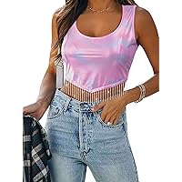 Dresswel Womens Metallic Top Silver Glitter Crop Top Rhinestone Fringe Tank Top Sparkly Country Concert Outfit Rave Top
