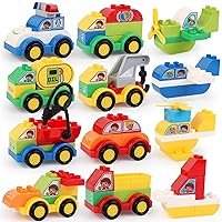 12 Pack Big Building Blocks Car Set, Build Your Own Vehicles Model Accessories with Trucks, Helicopters, Plane, Sailboat for Kids, Toddlers - Compatible with Lego DUPLO
