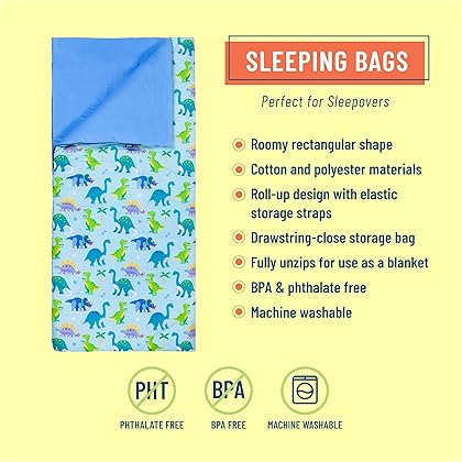 Wildkin Kids Sleeping Bags for Boys and Girls, Measures 57 x 30 x 1.5 Inches, Cotton Blend Materials Sleeping Bag for Kids, Ideal Size for Parties, Camping & Overnight Travel (Dinosaur Land)