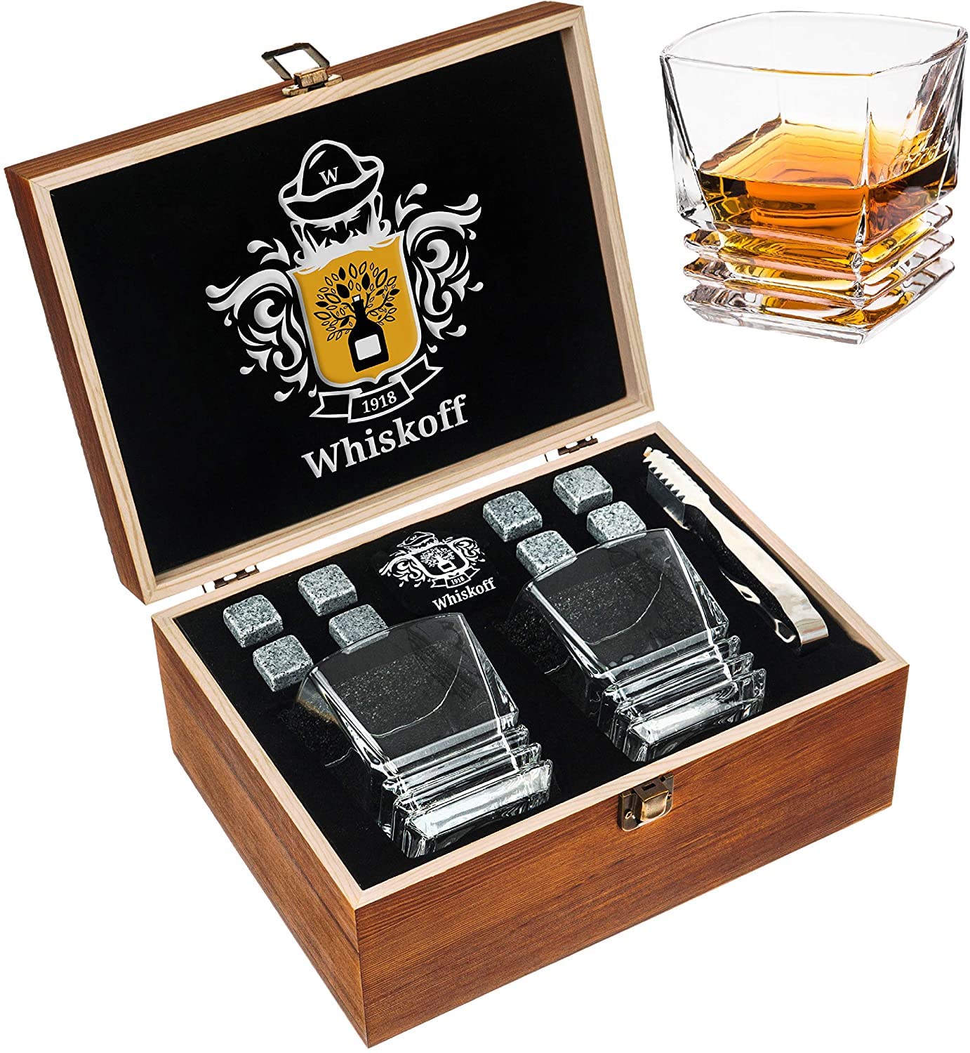 Whiskey Rocks Glasses Gift Set - Heavy Base Crystal Glass for Scotch Bourbon Drinker - Whisky Chilling Stones in Wooden Gift Box - Burbon Gift Set ...