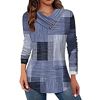 Dressy Blouses for Women Winter Baggy Long Sleeve Graphic Tees V Neck Top Fall Color Block Button Sweatshirts