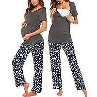 Ekouaer Women's Maternity Nursing Pajamas Sets Breastfeeding Printed Sleepwear Short Sleeve 2 Pcs Henley Top and Pants Set