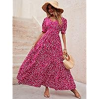 Dresses for Women - Polka Dot Puff Sleeve Ruffle Hem Dress (Color : Hot Pink, Size : Small)