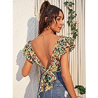 Womens Summer Tops Allover Floral Print Backless Butterfly Sleeve Crop Blouse (Color : Multicolor, Size : X-Small)