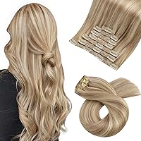 Moresoo Clip in Hair Extensions Real Human Hair Blonde Highlight 16Inch Remy Human Hair Clip in Extensions Dark Ash Blonde with Golden Blonde Hair Extensions Clip in Human Hair Double Weft 7pcs/120g
