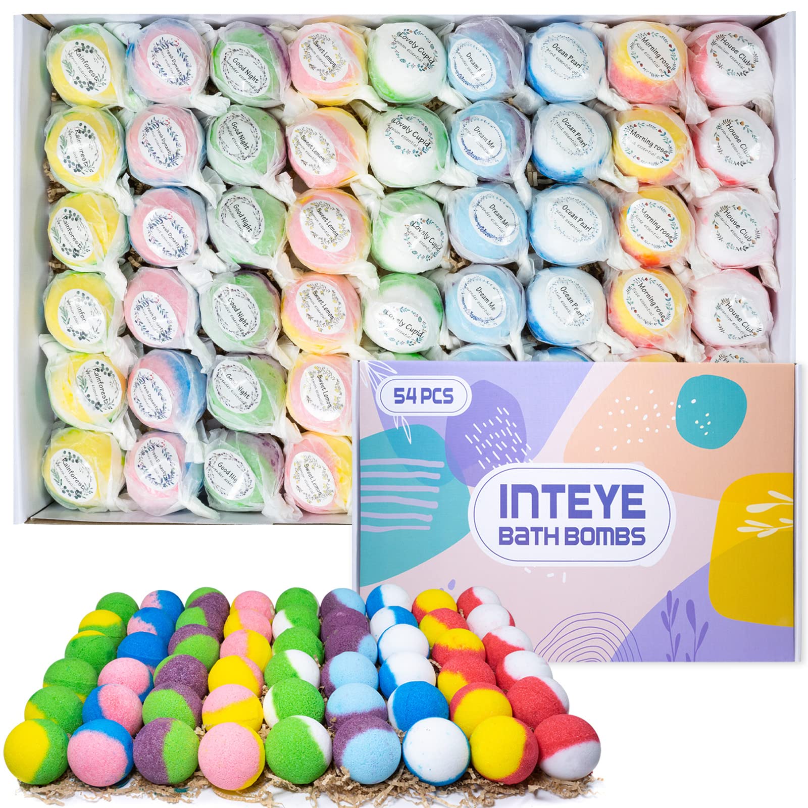 INTEYE 54 PCS Bulk Bath Bombs with Small Gift Bags, Bubble Bath Shower Salts for Women, Men & Kids, Relaxation and Stress Relief…