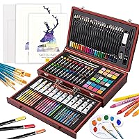 Art Supplies, 129-Piece Deluxe Wooden Art Set Crafts Kit with 2 Sketch Pads, Canvas Boards, Oil Pastels, Colored Pencils, Watercolor Cakes, Creative Gift for Kids, Teens, Beginners Girls Boys