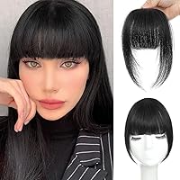 AISI QUEENS Clip in Bangs, Fake Bangs Hair Clip on Bangs Real Human Hair Black French Bangs Clip in Hair Extensions Fringe with Temples Hairpieces Curved Bangs for Daily(Natural Black)