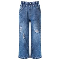 TiaoBug Kids Girls Ripped Hole Distressed Denim Pants Washed Straight Wide Leg Jeans Retro Casual Denim Trousers