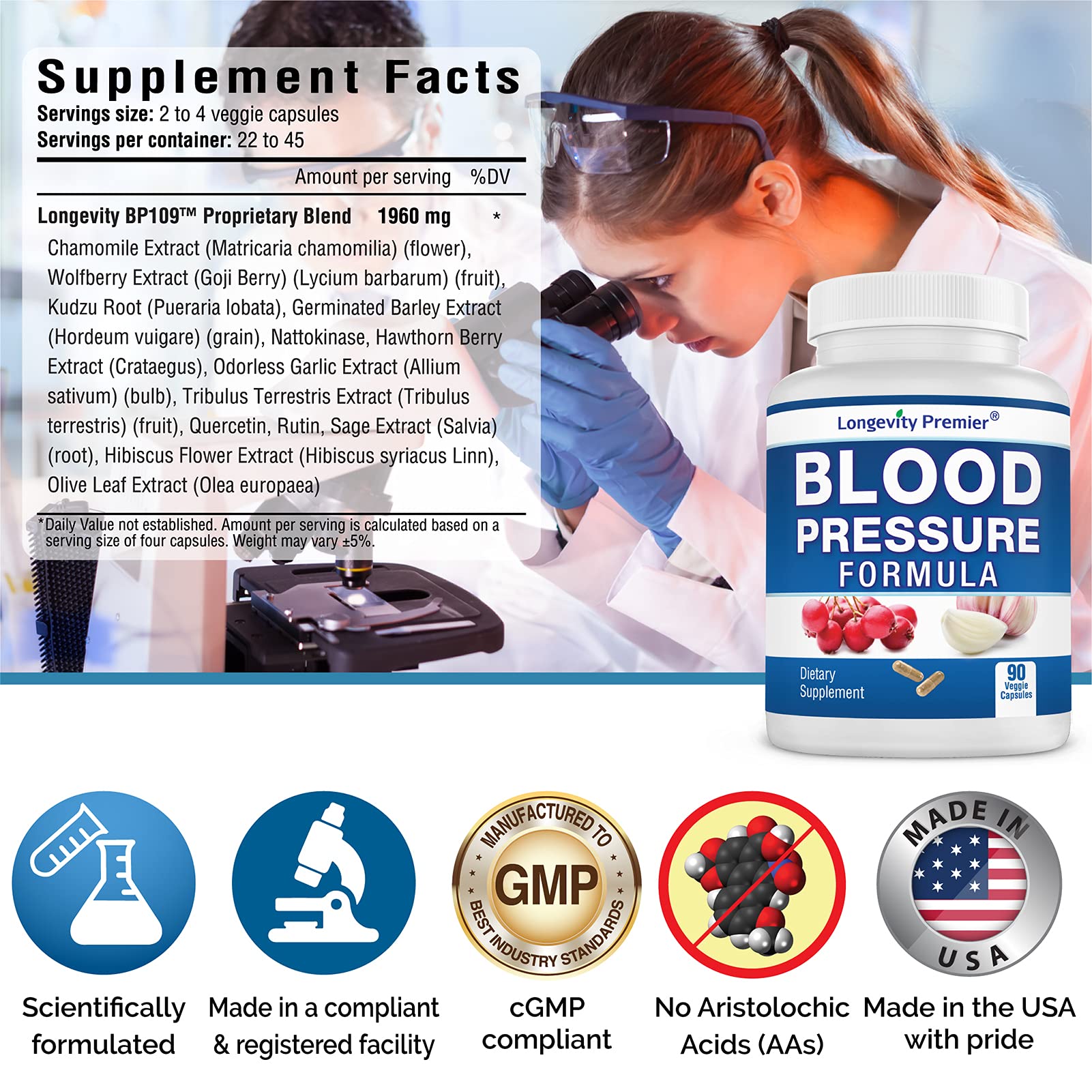 Longevity Blood Pressure Formula [90 Capsules] - with 12+ Natural Herbs. Dietary Support Supplement