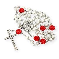 Nazareth Store Pearl Beads Rosary Beaded Necklace Projection Our Father Prayer Medal with Miraculous Centerpiece and Jesus Crucifix NS