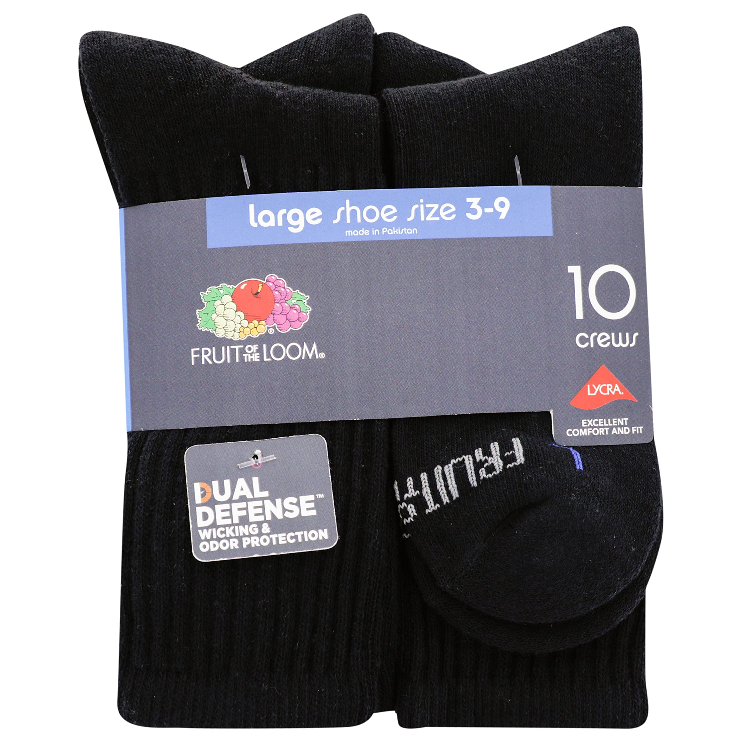 Fruit of the Loom Boys' 10 Pair Pack Dual Defense Cushioned Comfort Socks, Black, Large