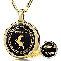Capricorn Necklace Zodiac Pendant for Birthdays 22nd December to 19th January with Star Sign and Personality Characteristics Inscribed in 24k Gold on Round Black Onyx Gemstone, 18