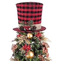 Christmas Tree Topper Top Hat - Red and Black Buffalo Plaid Top Hat with Pinecone Berry Bell-Christmas Tree Topper Fabric Top Hat for Winter Holiday Xmas Tree Decor