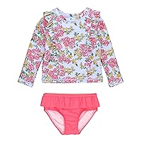 RuffleButts® Baby/Toddler Girls Rash Guard 2-Piece Swimsuit Set - Long Sleeve Bikini with UPF 50+ Sun Protection