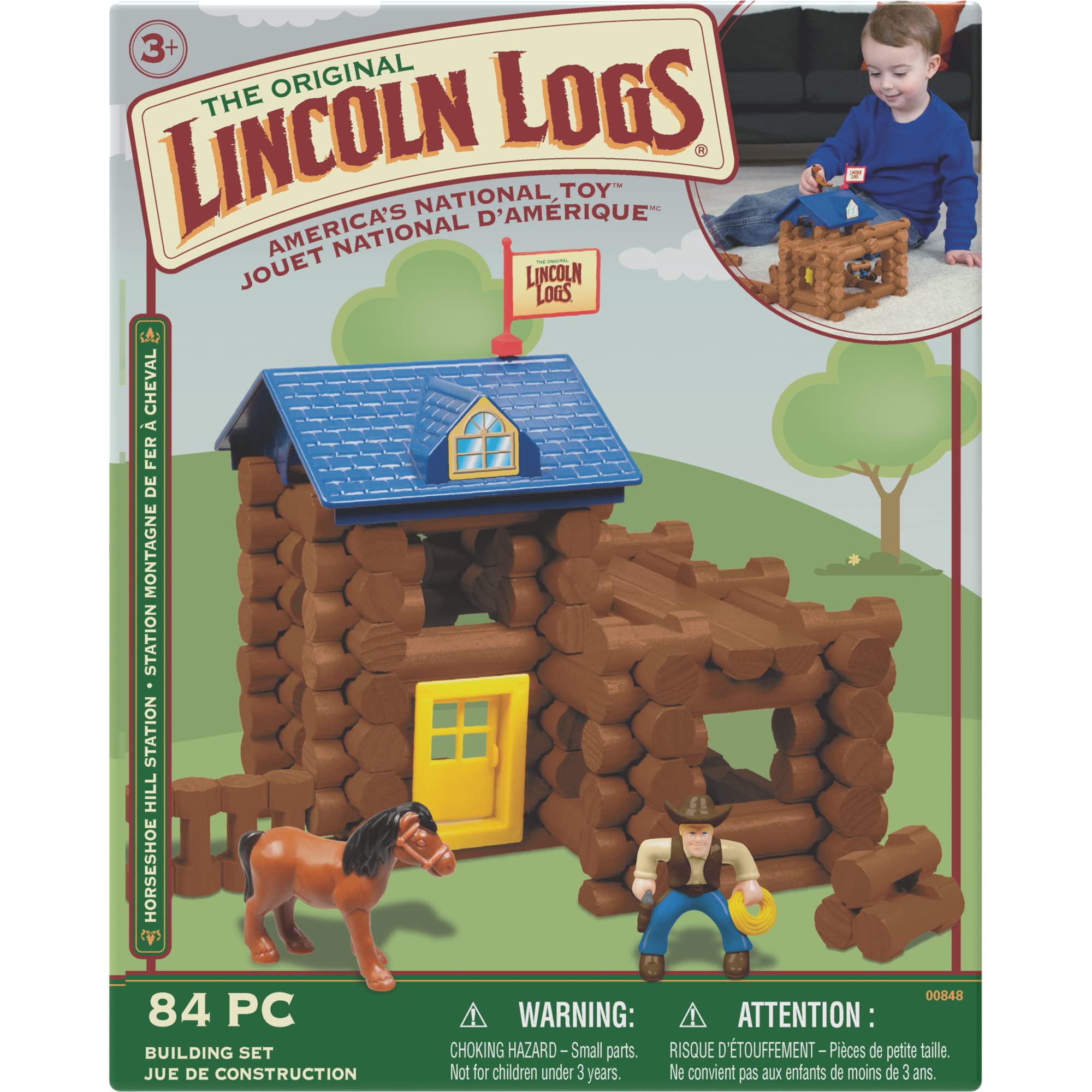 LINCOLN LOGS-Horseshoe Hill Station-83 Pieces-Real Wood Logs - Ages 3+ - Best Retro Building Gift Set for Boys/Girls – Creative Construction Engineering – Top Blocks Game Kit - Preschool Education Toy