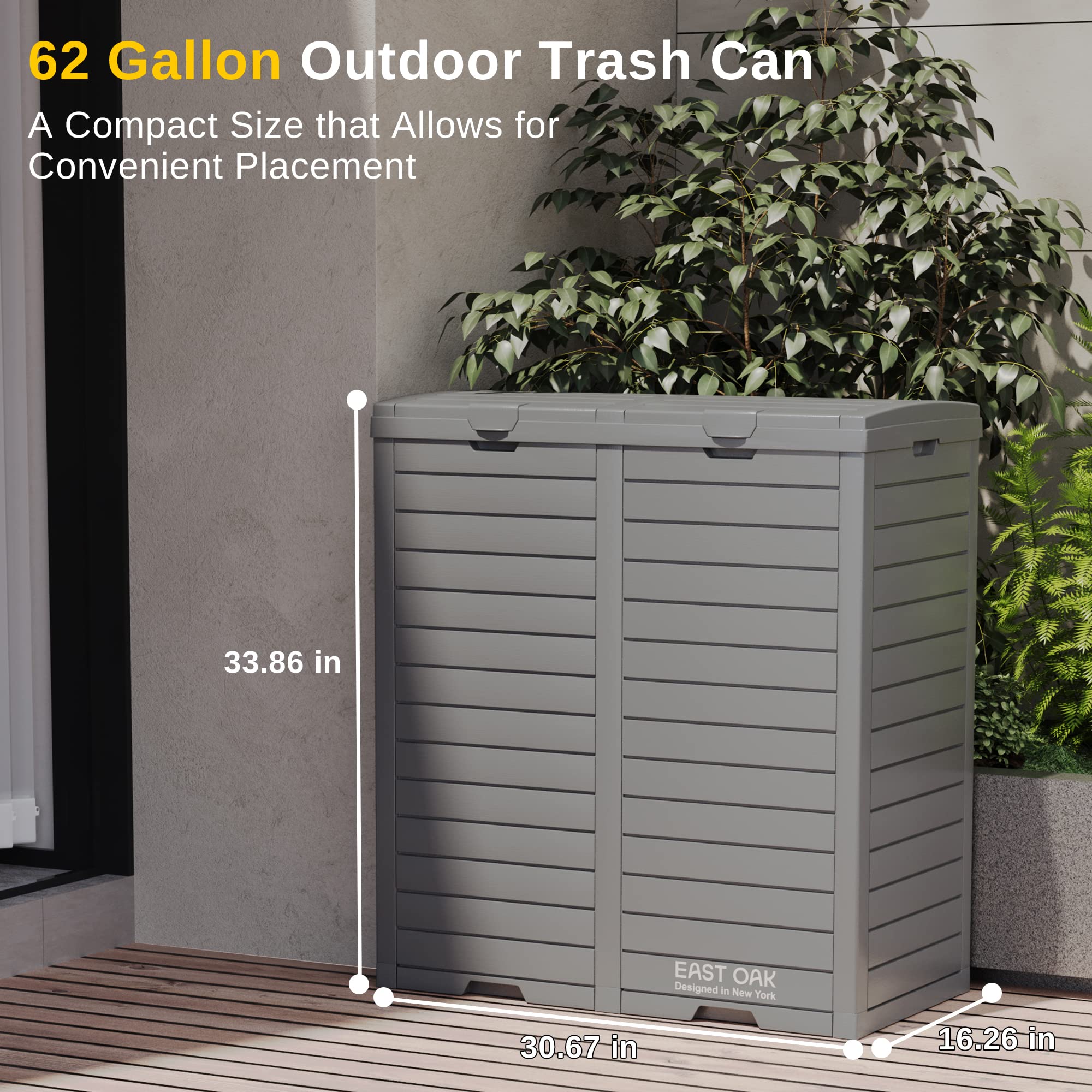 EAST OAK 62 Gallon Outdoor Trash Can, Waterproof Resin Garbage Can with Tiered Lid and Drip Tray, Outside Trash Bin for Patio, Backyard, Deck, Grey