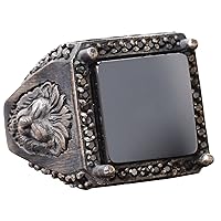 Leo Ring, 925k Sterling Silver Ring, Lion Ring, Men's Ring, Obsidian Stone Ring, Handmade Ring