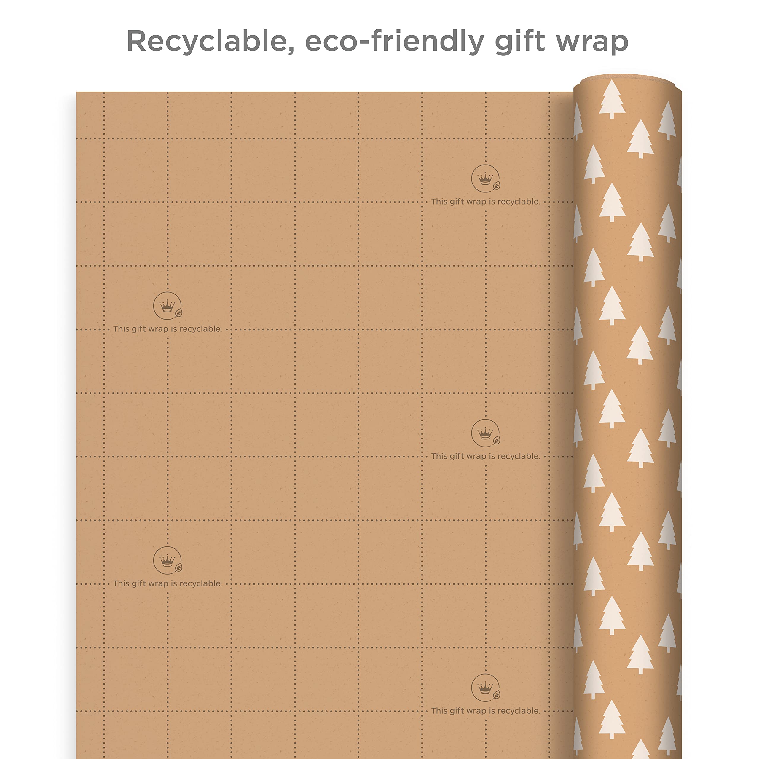 Hallmark Recyclable Kraft Wrapping Paper with Cut Lines (3 Rolls: 90 Sq. Ft. Ttl.) Minimalist Christmas, White Trees, Deer Antlers, Snowflakes on Brown Kraft for Holidays, Weddings, Winter Solstice, 30 Sq Ft (0005JXW1210)