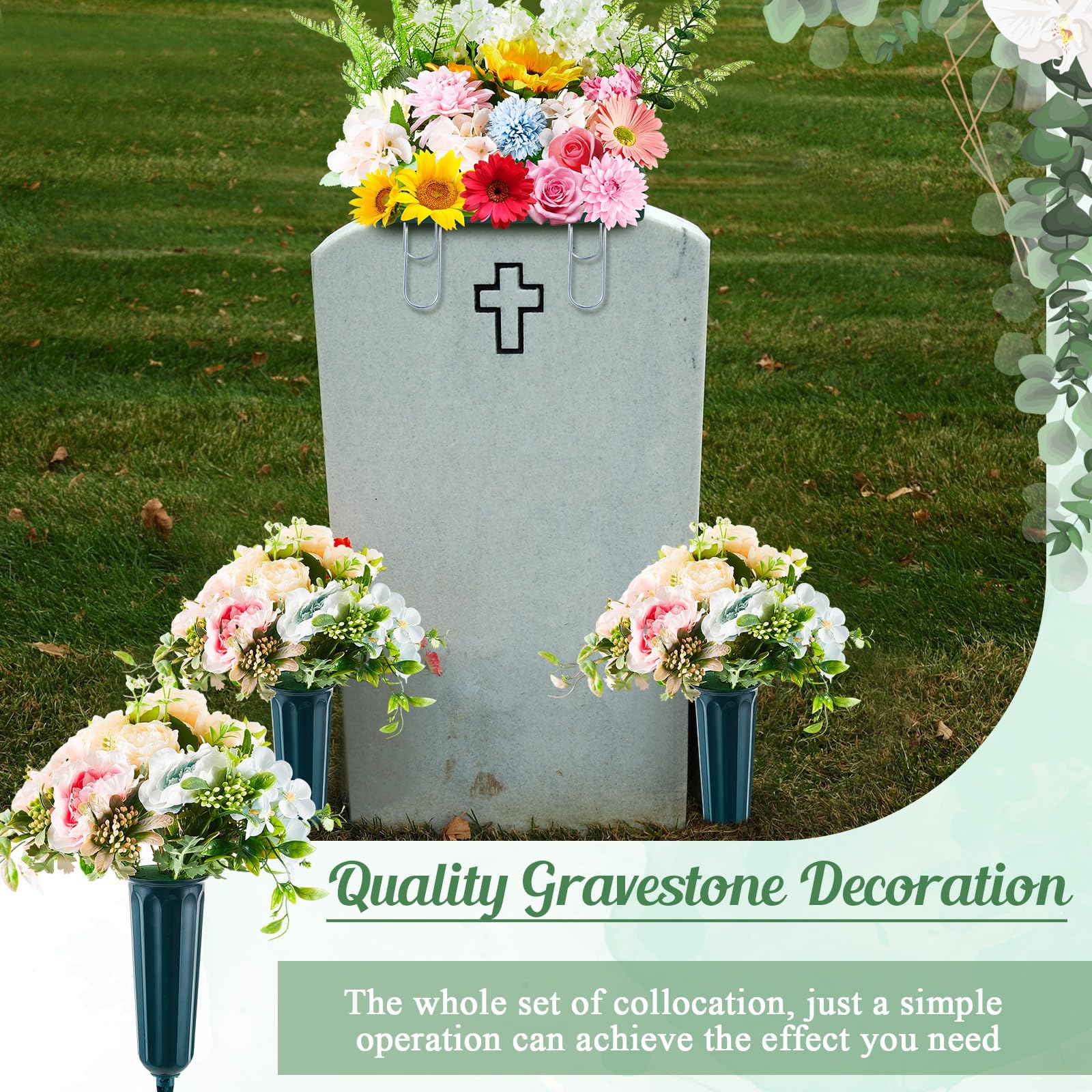 Zonon 3 Pcs Headstone Flower Saddle and Cemetery Vases with Spikes Set Includes 1 Pcs 12 Inch Gravestone Saddle with Floral Foam 2 Pcs Grave Flower Holder with Foam Inserts for Cemetery Decorations