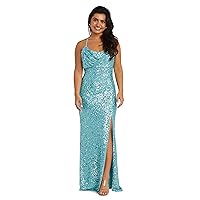 Women's Long Sequined Prom Gown W/Draped Cowl Neck, Front Slit & Strappy Back