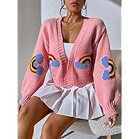 Women's Cardigans Rainbow Patched Detail Drop Shoulder Cardigan (Color : Dusty Pink, Size : Small)