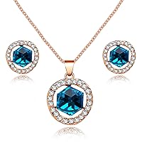 Women's Rose Gold Plated Square Cube Crystal Necklace and Stud Earrings Set Wedding Party Jewelry Set for Girl Y453 (Red, Blue)