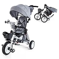 Baby Tricycle, 7-in-1 Folding Kids Trike with Adjustable Parent Handle, Safety Harness & Wheel Brakes, Removable Canopy, Storage, Stroller Bike Gift for Toddlers 18 Months - 5 Years, Grey