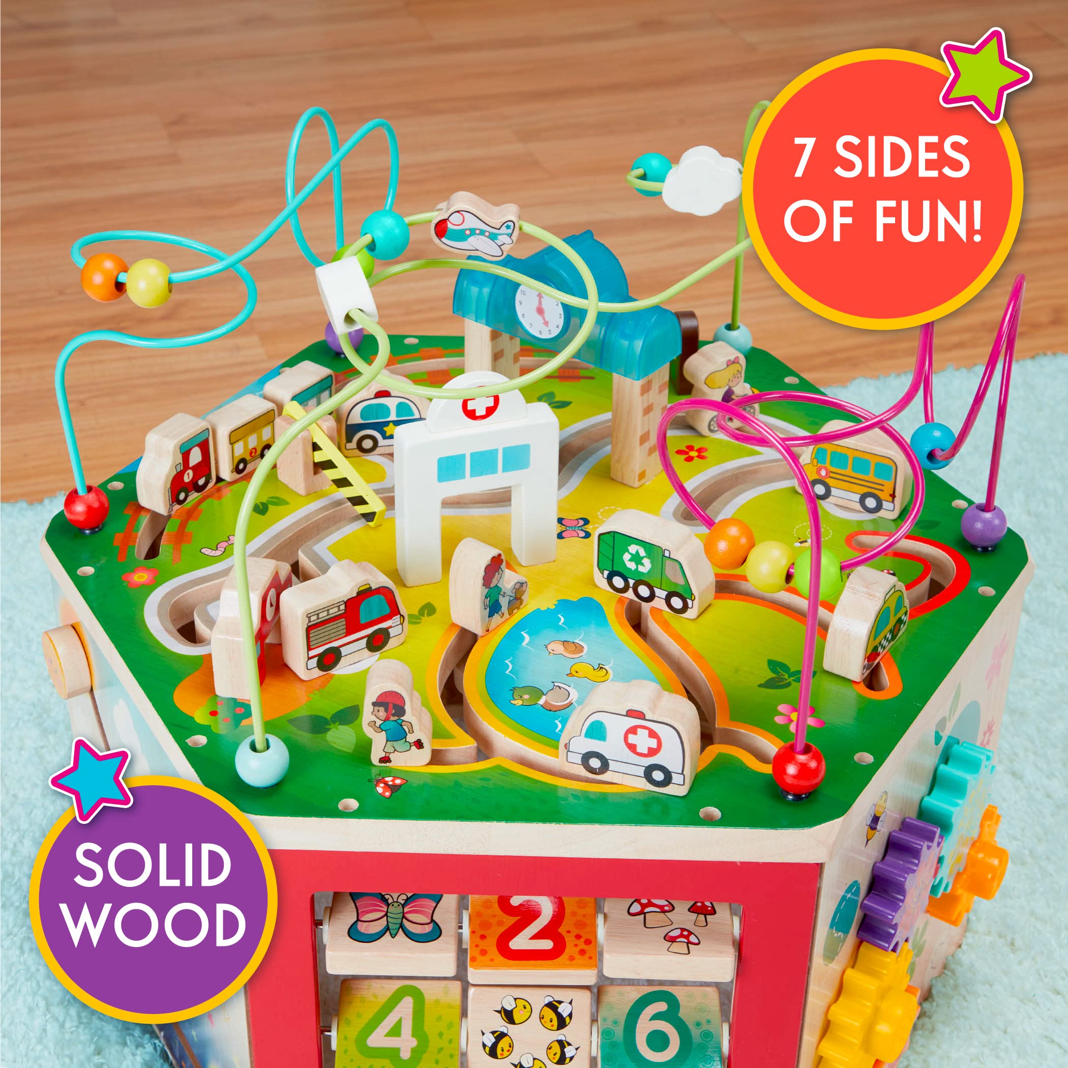 Battat – Wooden Activity Cube – City-Themed Activity Center – Educational Toys – Wooden Toys for Toddlers and Kids – 1 Year + – City-Themed Wooden Activity Center