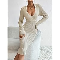 Women's Fashion Dress -Dresses Surplice Neck Button Detail Sweater Dress Without Belt Sweater Dress for Women (Color : Apricot, Size : Small)