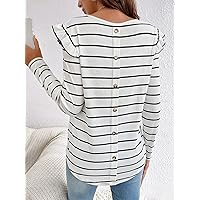 Women's Tops Women's Shirts Sexy Tops for Women Striped Print Ruffle Trim Button Back Tee (Color : White, Size : X-Large)