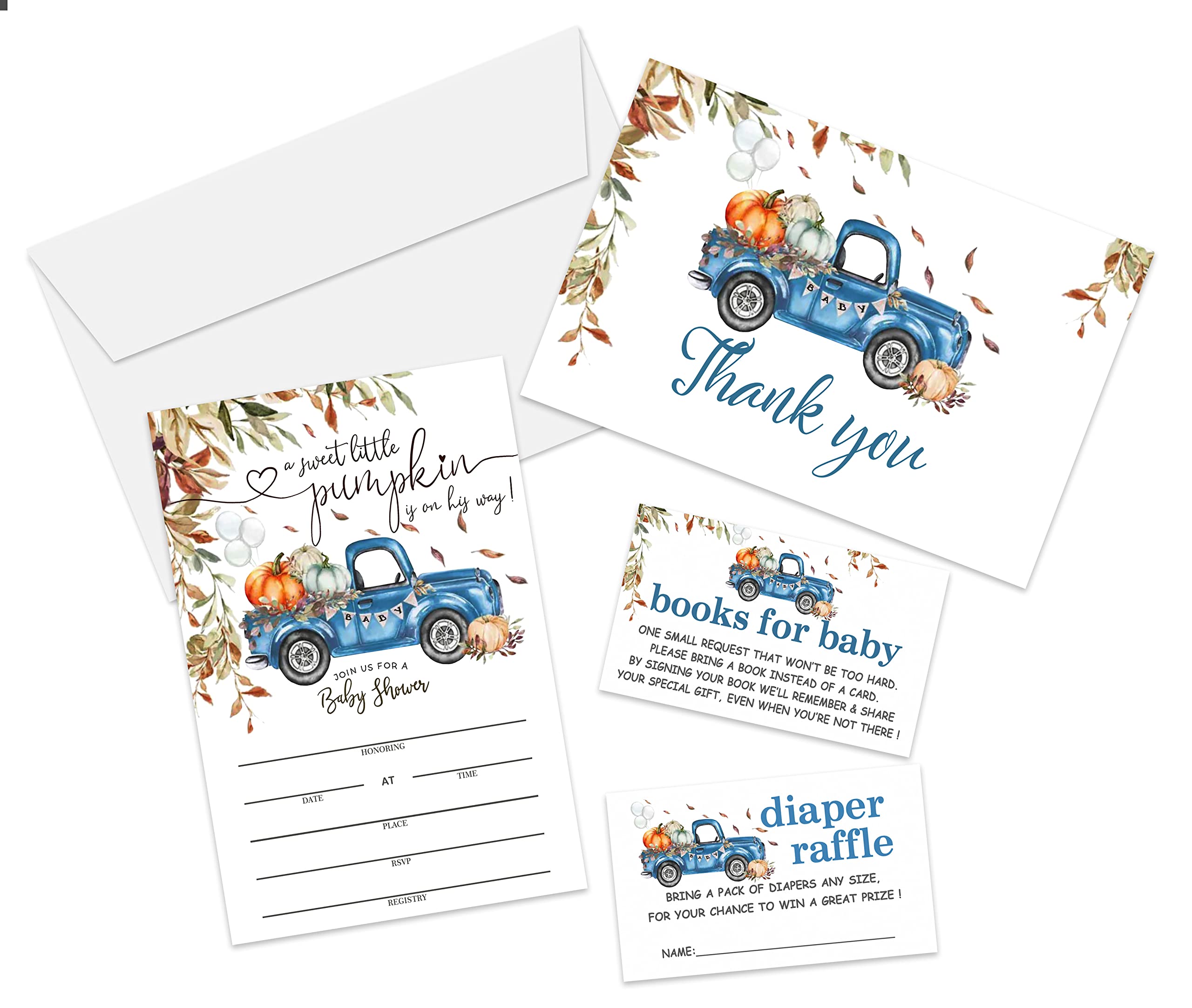 Baby Shower Invitation Set, Books For Baby, Thank You, Diaper Raffle, Fill In Invites Cards, Each Design 25 Cards & Envelopes (Total 100 Cards) – (bb017-taozhuang)
