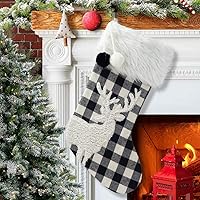 20 Inches Christmas Stocking Buffalo Check with Pom Pom Faux Fur Cuff Deer Applique Black and White Plaid Home Xmas Tree Mantel Holiday Decoration Ornaments