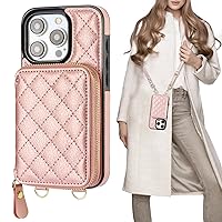Bocasal Crossbody Wallet Case for iPhone 15 Pro, RFID Blocking PU Leather Zipper Handbag Purse Flip Cover, Kickstand Folio Case with Card Slots Holder Wrist Strap Lanyard 5G 6.1 Inch (Rose Gold)