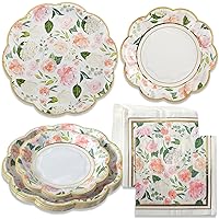 Kate Aspen 62 Piece Floral Brunch Tableware Party Kit - 16pcs 7 inch & 9 inch Heavy Duty Disposable Party Plates, 30pcs 6.5 inch Durable Paper Napkins for Birthday, Baby Shower Party